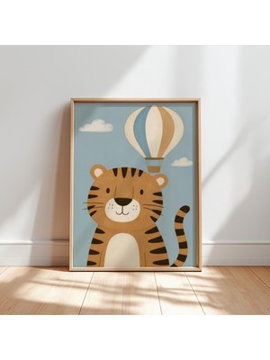 Ninastore Kaplan Temalı Sıcak Hava Balonu Çocuk Odası Baskısı: Safari Hayvan Posteri (Dijital Indirme)