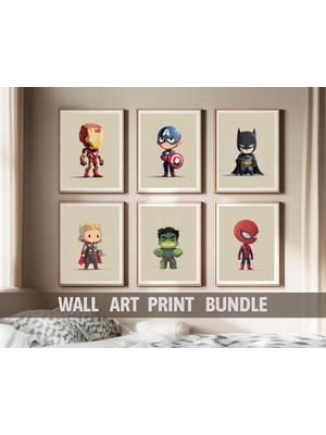 Ninastore Süper Kahraman Temalı Çocuk Odası Baskıları: Eğlenceli Çizgi Roman Sanatı (6'lı Set) (Dijital Indirm