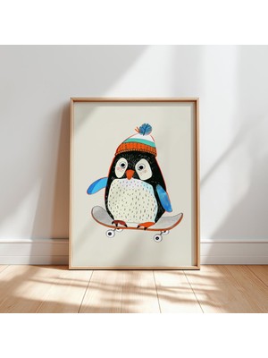 Ninastore Patenci Penguen Çocuk Odası Posteri – Çocuk Odası Için Kış Şapkası Illüstrasyonu