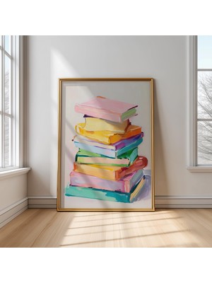 Ninastore Pastel Kitap Yığını Baskısı: Gökkuşağı Kitapları Okuma Köşesi Dekorasyonu (Dijital Indirme)