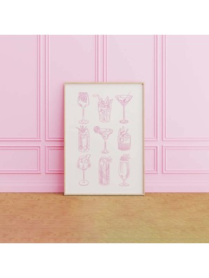 Ninastore Kokteyl Çizimi Baskı Dijital Sanat Indirme Sevimli Bar Arabası Baskısı Pembe Kokteyl Bar Yazdırılabi