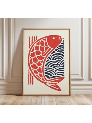 Ninastore Japon Koi Balığı Posteri Geleneksel Linol Baskı Sanatı Kırmızı ve Mavi Dalga Duvar Sanatı Minimalist