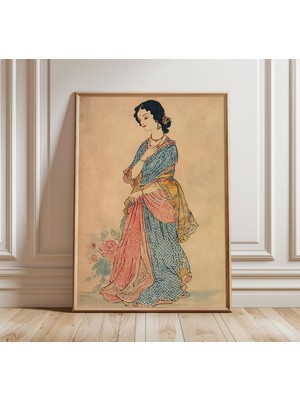 Ninastore Hintli Kadın Portresi Sanat Baskısı, Yumuşak Pastel Tonlarda Halk Sanatı Esintili Vintage Tablo, Zar