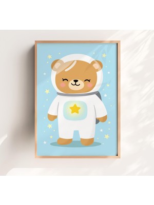 Ninastore Astronot Ayı Çocuk Odası Duvar Sanatı – Sevimli Uzay Temalı Çocuk Posteri Pastel Oda Dekorasyonu