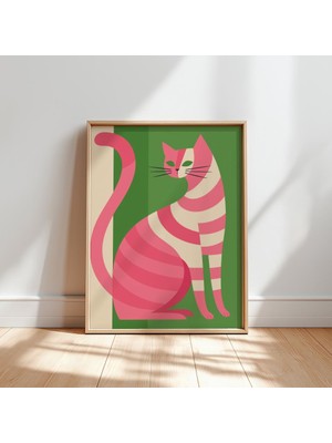 Ninastore Eklektik Kedi Temalı Çocuk Odası Baskısı: Pembe Çizgili Yavru Kedi Duvar Sanatı (Dijital Indirme)