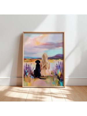 Ninastore Siyah Labrador ve Kız Çocuk Sanat Baskısı: Kır Çiçekli Çayır Tablosu (Dijital Indirme)
