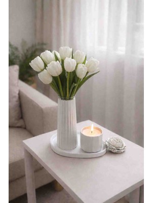 R Rozella Minimal Ribbed Vazo & Mum Dekor Seti – Beyaz