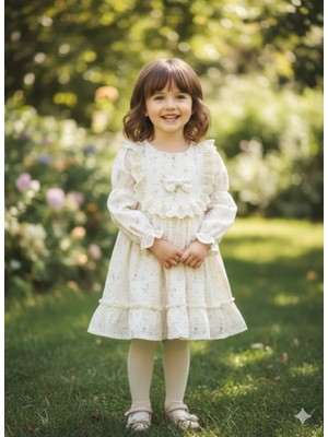 Bubiee Baby Kız Çocuk Krem Çiçek Desenli Müslin Dokulu Dantel Yaka Detaylı Fiyonklu Floral Elbise