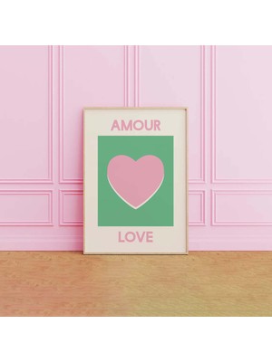 Ninastore Amour Aşk Baskısı | Dijital Sanat Indirme | Pembe ve Yeşil Kalp Baskılı Duvar Sanatı | Sevimli ve Tr