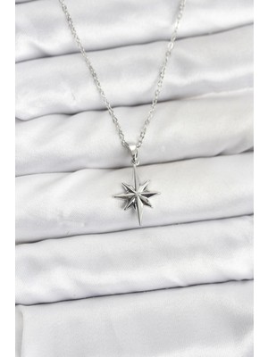 Butik 316L Çelik Zincir Gümüş Renk Kutup Yıldızı Model Kadın Kolye