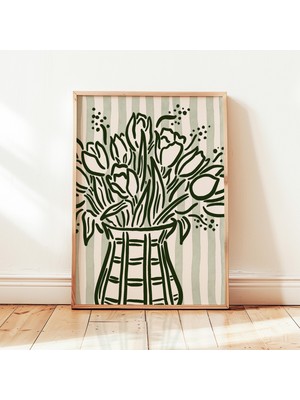 Ninastore Çiçek Vazosu Çizgileri Baskılı Yeşil Natürmort Çiçekli Poster El Çizimi Botanik Dekor