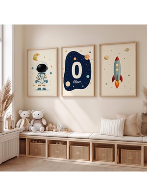 Ninastore Kişiselleştirilmiş Uzay Temalı Çocuk Odası Duvar Sanatı Seti | Özel Isim Baskıları | Astronot Roketi
