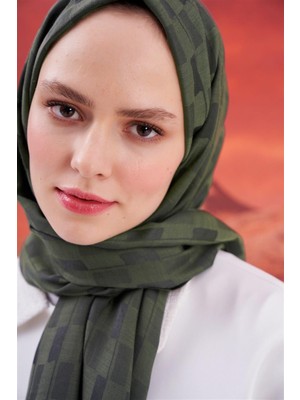 Haki Carell Küpçizgi Jakar Italyan Ipekli Şal