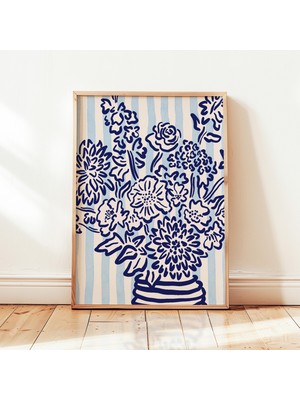 Ninastore Çiçek Vazosu Çizgili Baskı Mavi Natürmort Soyut Çiçek Posteri Botanik Duvar Dekoru Çerçevesiz