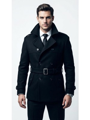 Plus Scorpion  Erkek Kemerli Trençkot  Mont– Kaşe Kumaş, Kapitone Astarlı, Çift Düğmeli Premium Tasarım