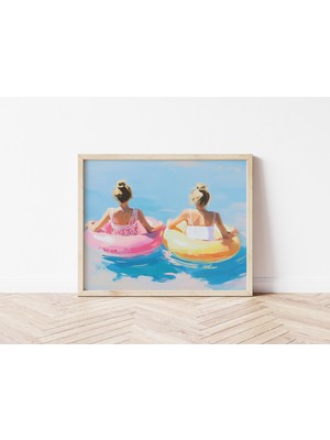 Ninastore Pastel Havuz Baskısı: Şişme Botlarda Iki Kız Yaz Sahil Duvar Sanatı (Dijital Indirme)
