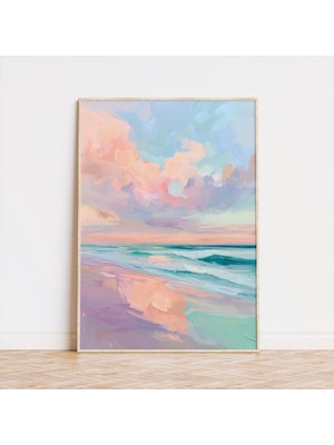 Ninastore Pastel Plaj Gün Batımı Baskısı: Kıyı Okyanus Dalgaları Sanatı (Dijital Indirme)