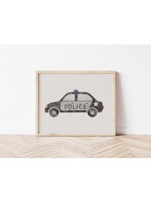Ninastore Polis Arabası Suluboya Çocuk Odası Sanatı - Minimalist Çocuk Odası Dekorasyonu - Dijital Indirilebil