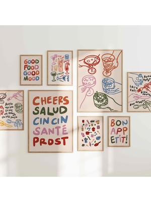 Ninastore Renkli Mutfak Baskılı 8'li Retro Şerefe Bar Arabası Yemek Posterleri Seti