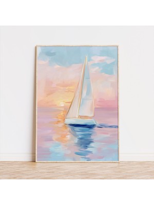 Ninastore Pastel Gün Batımı Yelkenli Tekne Baskısı: Sahil Evi Sanatı (Dijital Indirme)