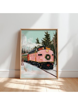Ninastore Pembe Noel Treni Sanat Baskısı Kış Lokomotifi Illüstrasyonu (Dijital Indirme)