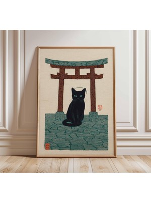 Ninastore Siyah Kedi Posteri Japon Minimalist Duvar Sanatı Baskısı Modern Zen Hayvan Sanatı Torii Kapısı Illüs