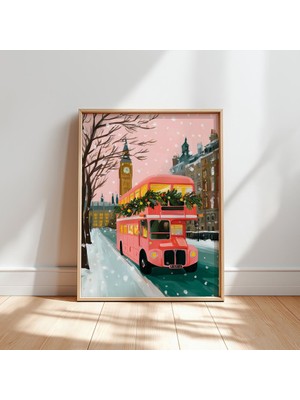 Ninastore Londra Noel Otobüsü Sanat Baskısı Pastel Kış Big Ben (Dijital Indirme)