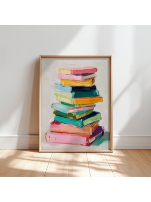 Ninastore Renkli Kitap Yığını Baskısı Modern Kütüphane Duvar Sanatı (Dijital Indirme)