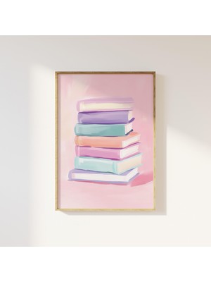 Ninastore Pastel Kitap Yığını Baskısı, Neşeli Kitap Temalı Duvar Sanatı, Dijital Indirme, Sevimli Kitap Sever