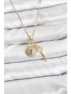 Butik 316L Çelik Zincir Gold Renk Kilit Anahtar Model Zirkon Taşlı Kadın Kolye