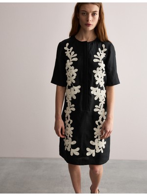 Marks & Spencer Saf Keten Nakışlı Mini Shift Elbise