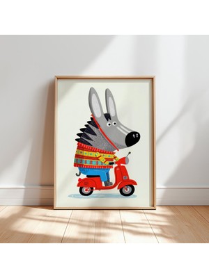 Ninastore Scooter Üzerindeki Kurt Çocuk Odası Baskısı – Eğlenceli Çocuk Illüstrasyonu (Dijital Indirme)