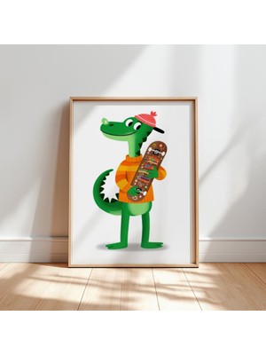 Ninastore Dinozor Kaykay Baskısı – Renkli Çocuk Odası Duvar Sanatı (Dijital Indirme)