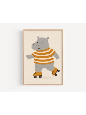 Ninastore Su Aygırı Paten Kayarken Temalı Çocuk Odası Baskısı: Retro Hayvan Duvar Sanatı (Dijital Indirme)