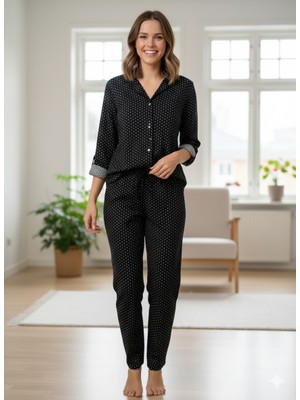Septemmart Kadın Puantiyeli %100 Ince Süet Pijama Takımı Düğmeli Yumuşak Dokulu Alt Üst Set