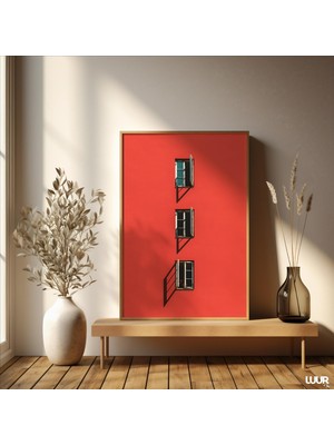 Ninastore Art Deco Duvar Sanatı Baskısı Kırmızı Duvar ve Açık Pencereler Posteri Modern Manzara Dijital Baskı
