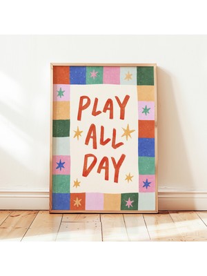 Ninastore "tüm Gün Oyun Oyna" Baskılı Renkli Yıldızlar Çocuk Oyun Odası Posteri Kreş Duvar Dekoru Çerçevesiz