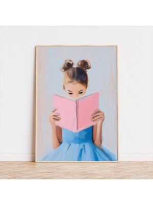 Ninastore Pastel Tonlarda Kitap Okuyan Kız Çocuk Sanat Baskısı: Neşeli Çocuk Odası Dekorasyonu (Dijital Indirm