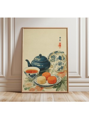 Ninastore Çin Ay Pastası Sanat Baskısı Geleneksel Tatlı ve Çay Posteri Sonbahar Ortası Festivali Duvar Sanatı