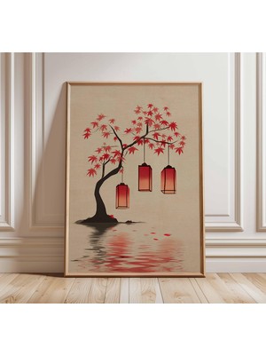 Ninastore Japon Feneri Posteri, Ahşap Baskı Tarzı Duvar Sanatı, Kırmızı Akçaağaç Yaprakları, Göl Baskısı, Vint