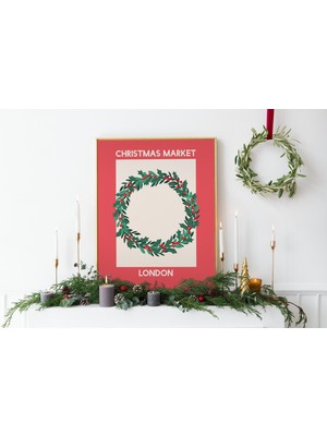Ninastore Noel Pazarı Baskısı | Dijital Sanat Indirme | Noel Çelenk Sanat Baskısı | Kırmızı Noel Duvar Dekoru