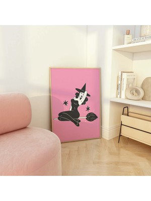 Ninastore Cadı Pin-Up Baskısı | Dijital Sanat Indirme | Sevimli Pembe Cadılar Bayramı Duvar Dekoru | Trend Cad