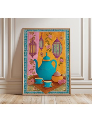 Ninastore Fas Çayı Posteri, Renkli Fener Duvar Sanatı, Çaydanlık ve Pastalarla Egzotik Kafe Sahnesi Baskısı, B