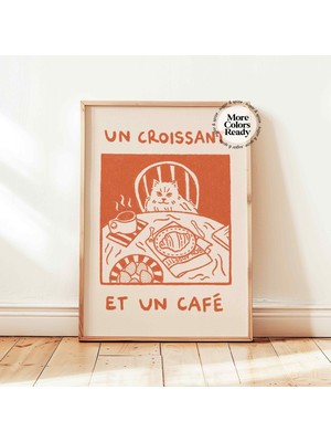 Ninastore Bir Kruvasan ve Bir Kahve Baskılı Retro Kahve Kedi Posteri Mutfak Duvar Dekoru Çerçevesiz