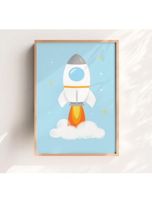 Ninastore Roket Temalı Çocuk Odası Baskısı • Pastel Uzay Duvar Sanatı (Dijital Indirme)