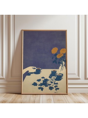 Ninastore Japon Kafe Natürmort Posteri, Minimalist Ahşap Baskı Tarzı, Mavi ve Sarı Renklerde