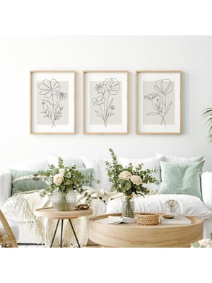 Ninastore 3'lü Nötr Sanat Baskısı Seti | Dijital Sanat Indirme | Çiçekli Botanik Çizgi Sanatı | Minimalist Yat