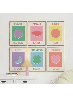 Ninastore 6'lı Bisous Öpücük Baskısı Seti | Dijital Sanat Indirme | Sevimli Renkli Fransız Tarzı Yazdırılabili