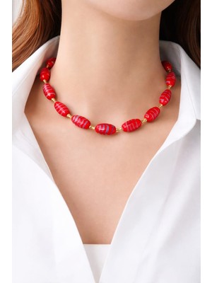 Sinem Şanlı Atelier Enerjik Kırmızı Doğal Yeşil Cam Boncuk Tasarım Kolye Gold Kaplama El Yapım