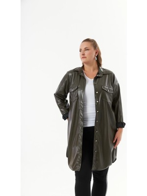 Truva Xxl Büyük Beden Yeşil Suni Deri Tunik Gömlek